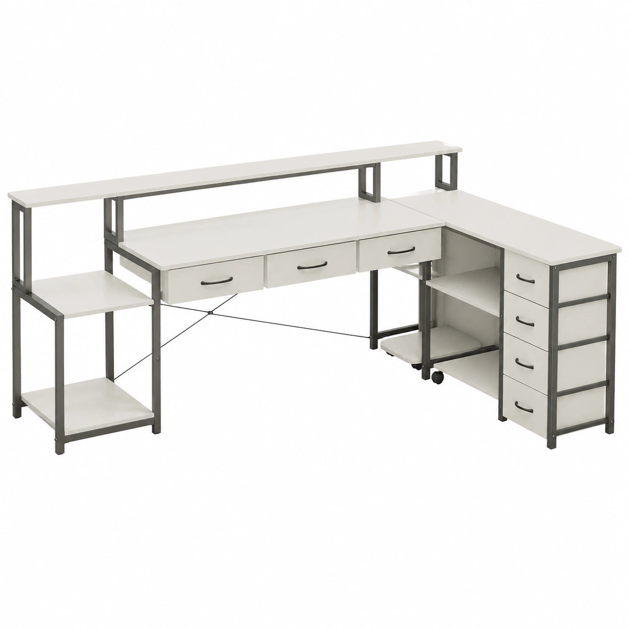 Schreibtisch – 200 × 146 cm, mit LED-Beleuchtung, mit Schubladen, für Schlafzimmer und Büro