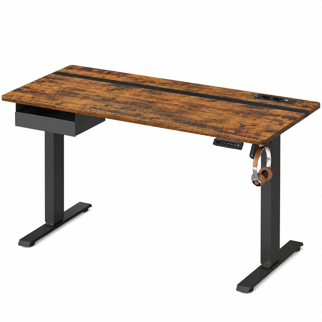Schreibtisch – 60 × 140 cm, höhenverstellbar, mit Schubladen, elektrisch, Schwarz